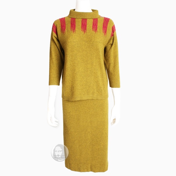 Bonnie Cashin Cashmere Sweater and Skirt Suit 2pc Intarsia Knit Saks 1960s Rare - Picture 1 of 9